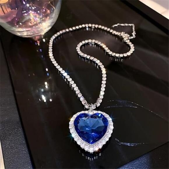 Titanic Heart The Ocean Simulated Blue Sapphire, Silver Necklace Pendants - Picture 5 of 8